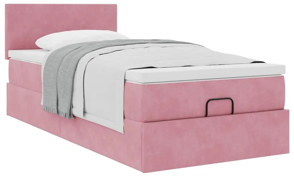Estrutura de cama otomana com colchão rosa 90x200cm veludo
