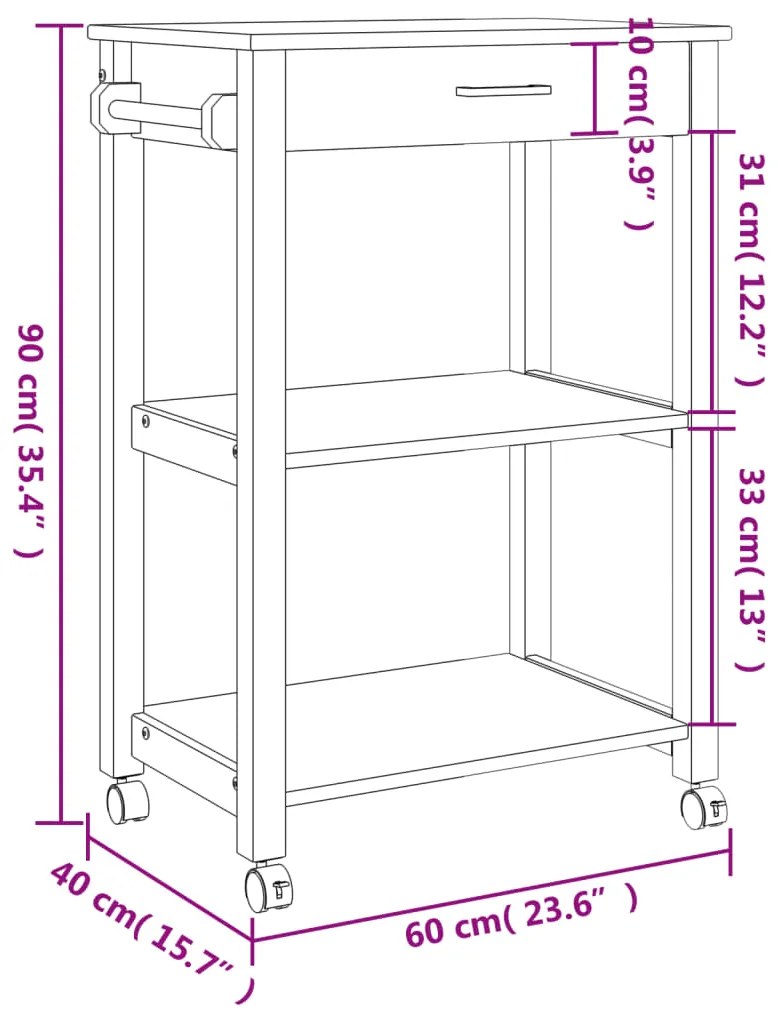 Carrinho de cozinha MONZA 60x40x90 cm madeira de pinho maciça