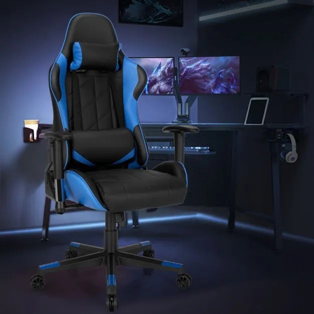 Cadeira giratória para gaming ergonómica para computador Reclinável Ajustável em estilo Carrera com almofada lombar Azul e preta
