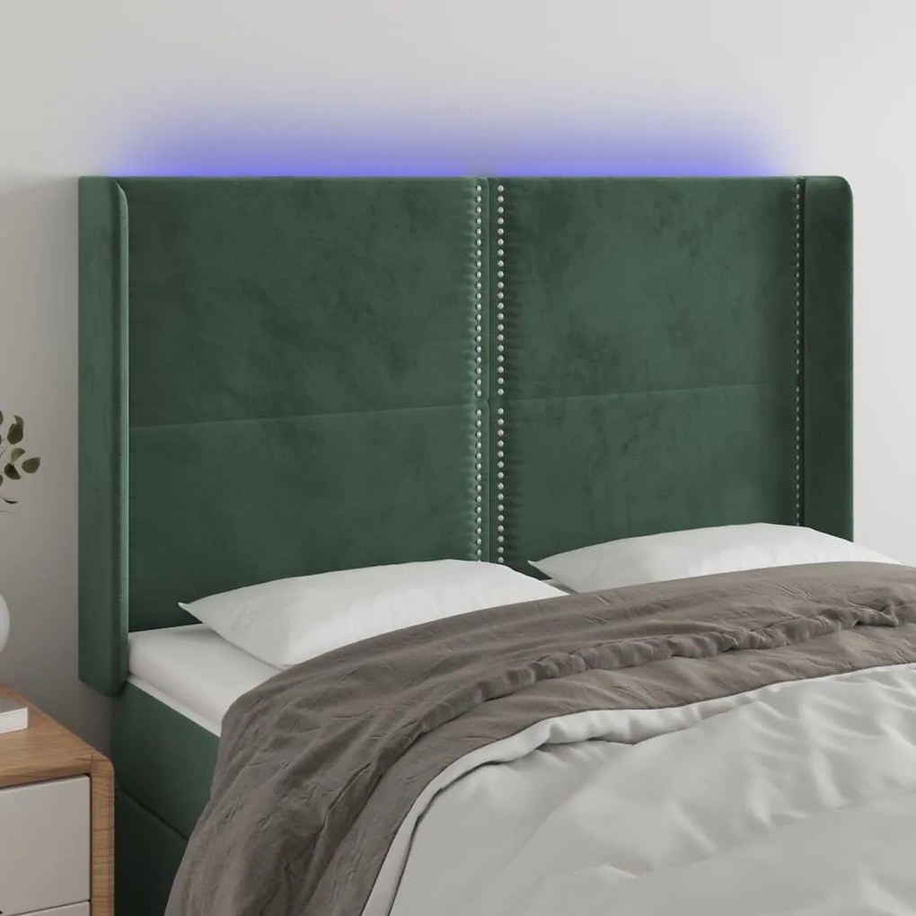 vidaXL Cabeceira de cama c/ LED veludo 147x16x118/128 cm verde-escuro