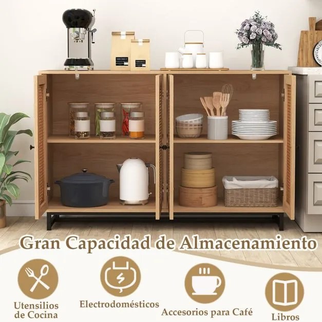 Aparador com 4 portas em rattan 126 x 40 x 81 cm, prateleiras ajustáveis, pés metálicos e 2 dispositivos anti-tombamento para sala de jantar, cozinha