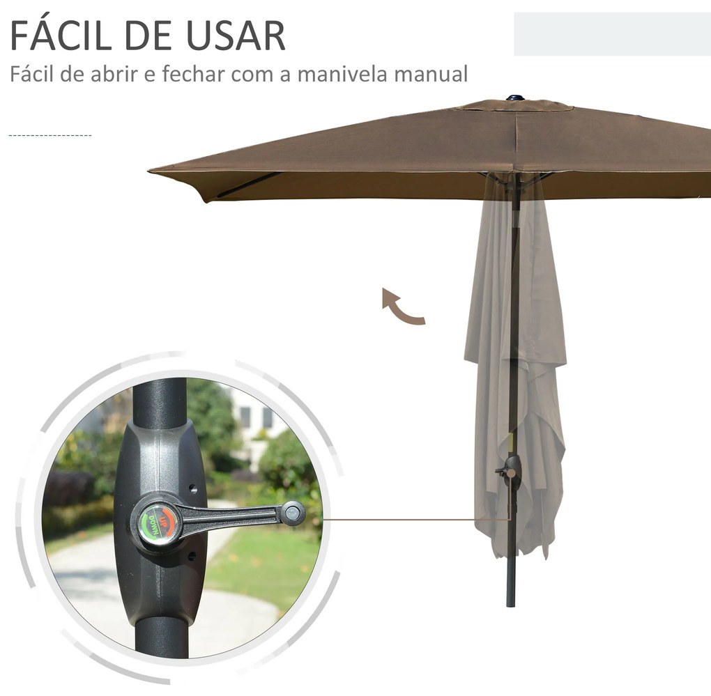 Outsunny Chapéu de Sol de Jardim 200x300x248 cm Proteção UV50+ Chapéu de Sol de Alumínio Inclinável com Teto de Ventilação e Manivela para Terraço Varanda Exterior Café