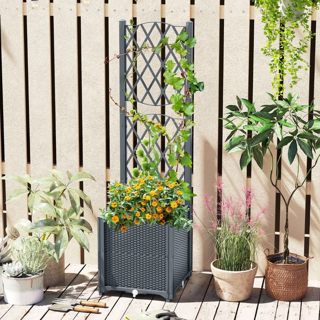 Floreira elevada com treliça com rega automática para plantas trepadeiras, flores e vegetais de raízes profundas Cinza