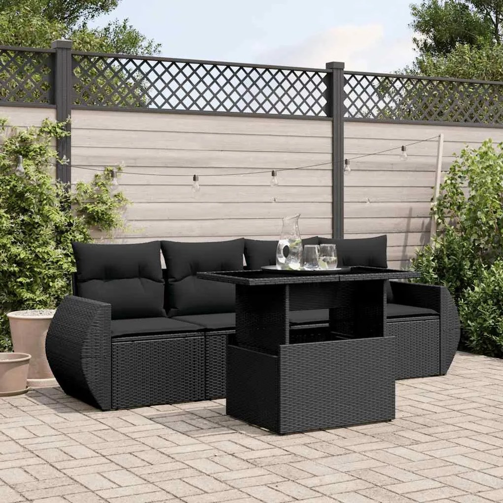 vidaXL 5 pcs conjunto sofás de jardim com almofadões vime PE preto