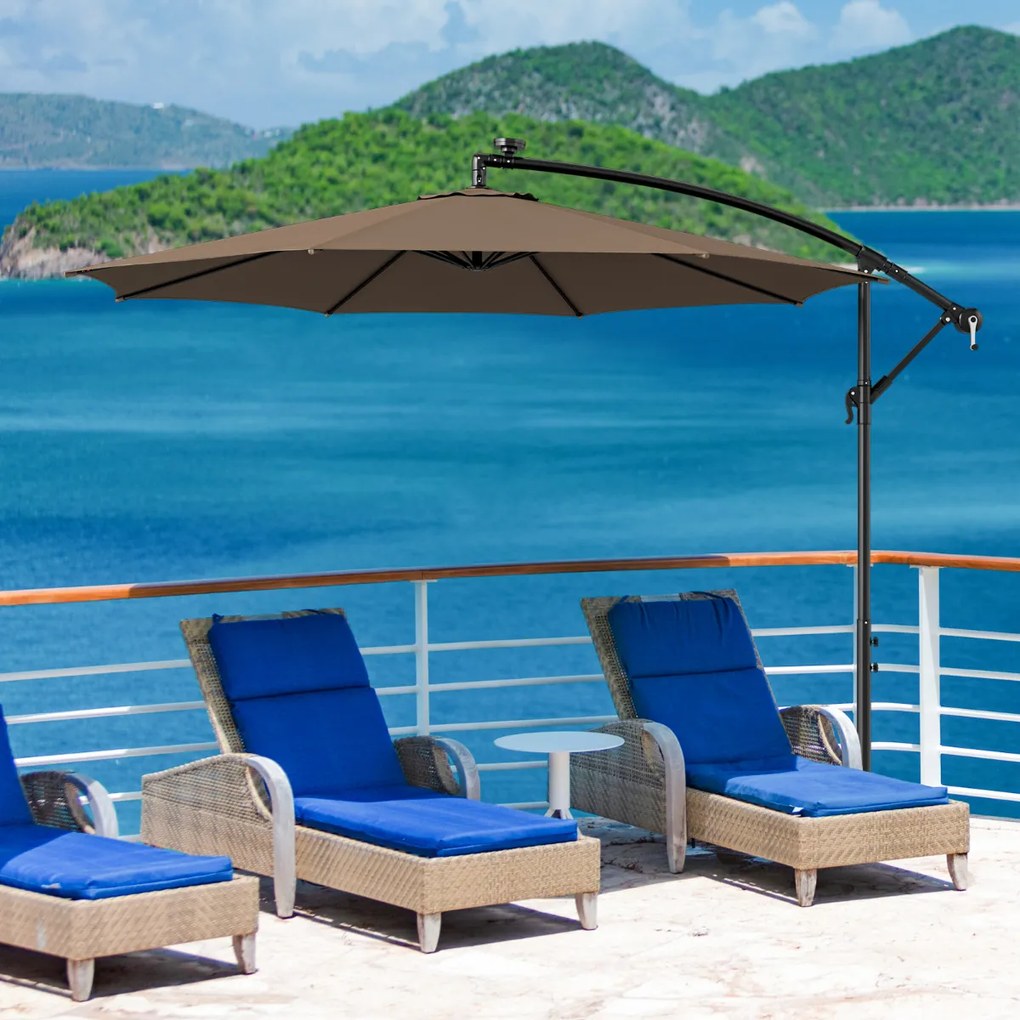Guarda-sol 3 m com manivela solar Luzes LED 112 Guarda-sol basculante com base cruzada para jardim praia piscina Azul Castanho