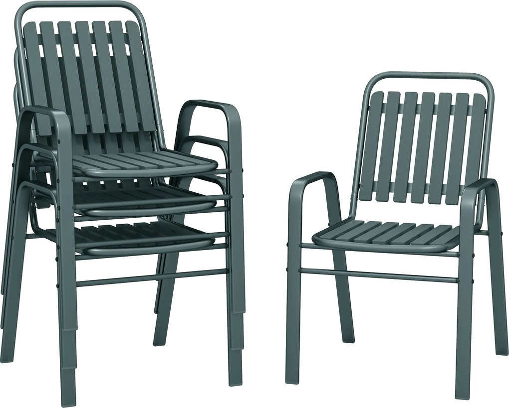 Outsunny Conjunto de 4 cadeiras de jardim empilháveis para exterior com encosto alto e apoios de braços estrutura em aço 56x66x91cm cinza | Aosom Portugal