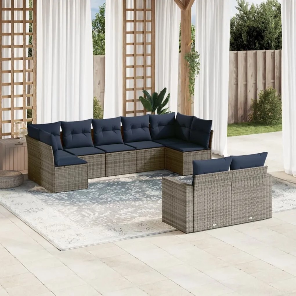 vidaXL 9 pcs conjunto sofás p/ jardim c/ almofadões vime PE cinzento