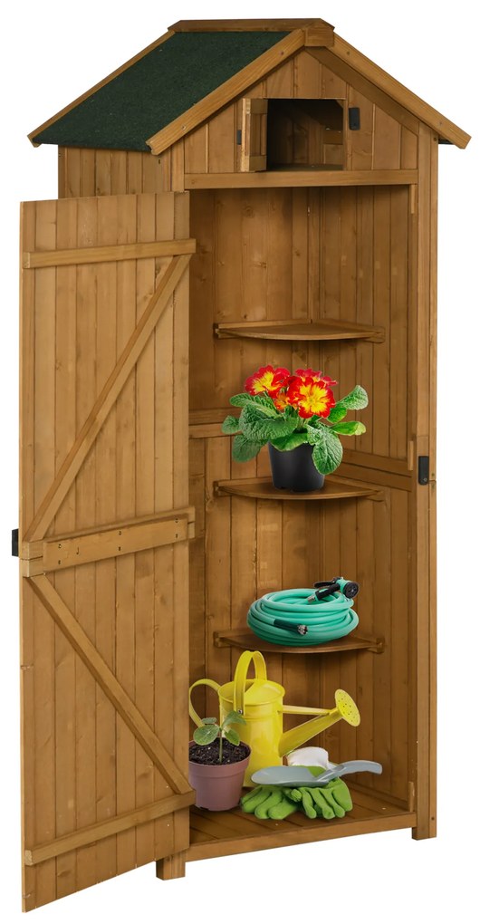 Outsunny Armário de Jardim de Madeira 77x54,2x179 cm 0,3 m² Armário de Armazenamento com 3 Prateleiras e 2 Portas Madeira e Verde | Aosom Portugal