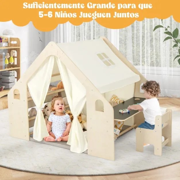 Tenda de brincar para crianças 6 em 1 145 x 98 x 113 cm dos 2 aos 6 anos com quadro de madeira cortinas secretária mesa cadeira estante bege