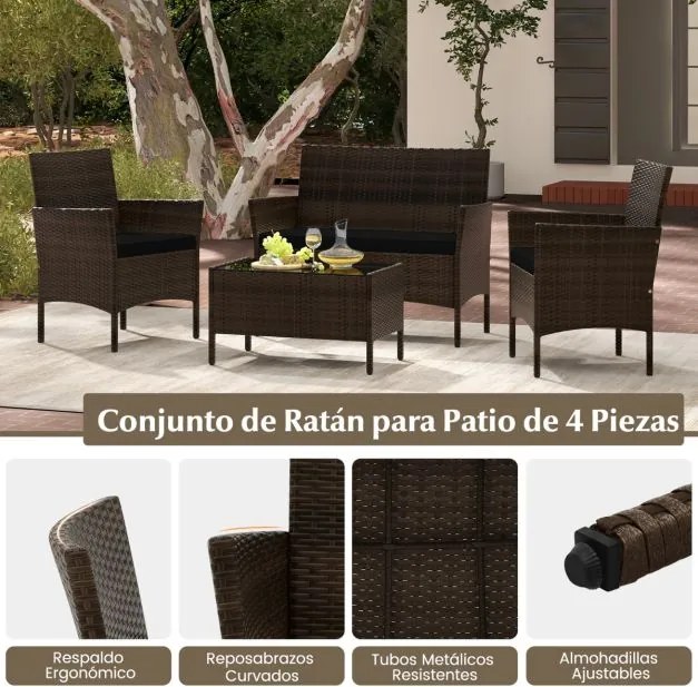 Conjunto de jardim, 4 peças: mobiliário de exterior com cadeira, sofá de 2 lugares e mesa de vidro temperado Castanho misto e almofadas pretas