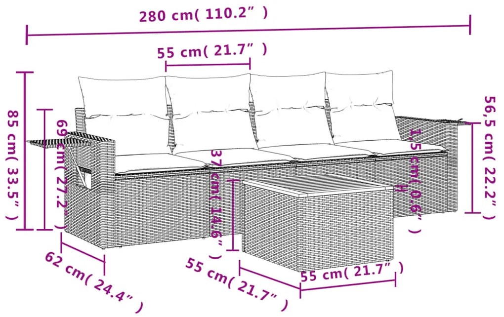 5 pcs conjunto sofás de jardim com almofadões vime PE preto
