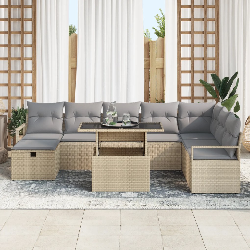 Conjunto de Sofás de Jardim vidaXL 9 Peças com Almofadas Bege Rattan P
