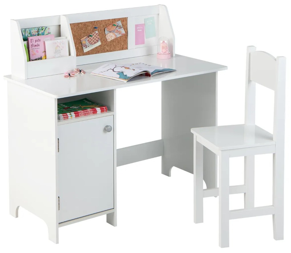 Conjunto de mesa e cadeira de madeira para crianças Mesa de estudo de madeira para crianças com cadeira  para crianças 3+ anos 90 x 45 x 86 cm Branco