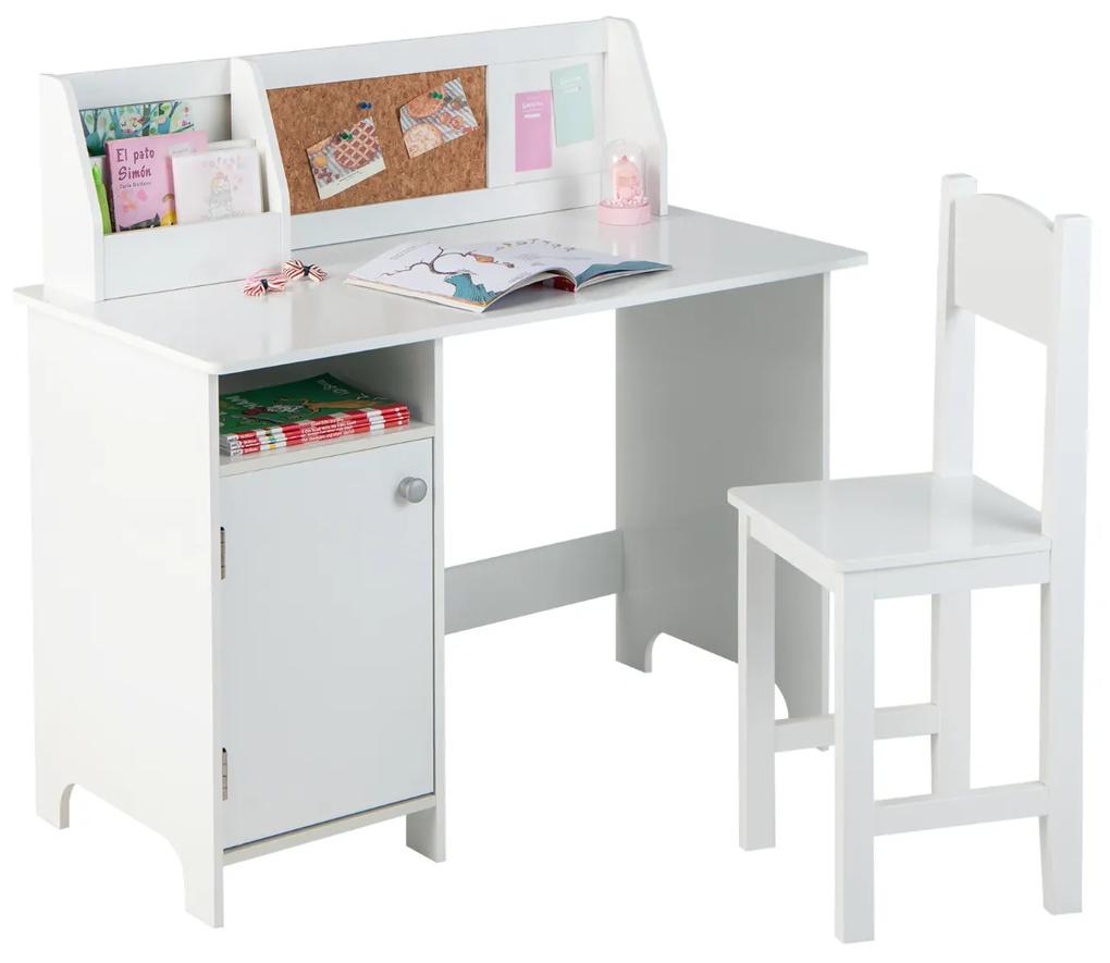 Conjunto de Mesa e Cadeira Infantil de Madeira Mesa de Estudo com Cadeira Estante Roupeiro Escrivaninha para Crianças 3+ Anos 90 x 45 x 86 cm Branco