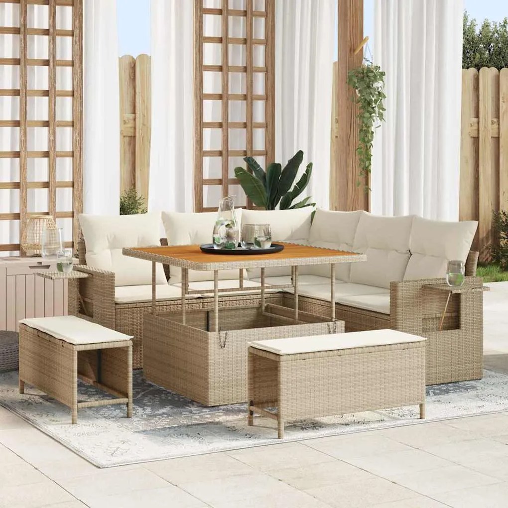 vidaXL Conjunto de Sofá de Jardim 8 Peças com Almofadas Bege em Rattan Sintético e Acácia