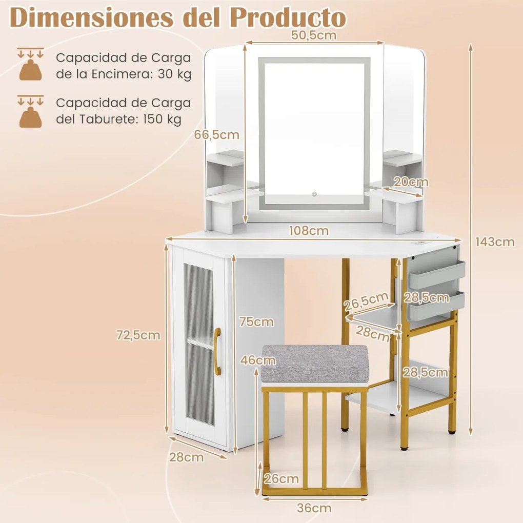 Toucador com Banco e espelho 108 x 50 x 143 cm, Luzes led, estação de carregamento, com espelho triplo 3 cores de luz Branca
