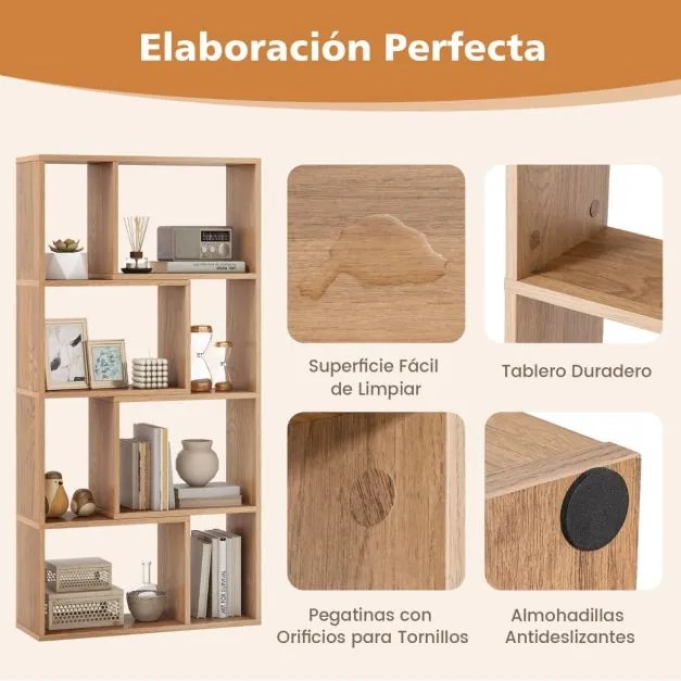 Estante geométrica de 4 níveis com 120 cm de altura com 8 cubos aberta para sala de estar e escritório Natural