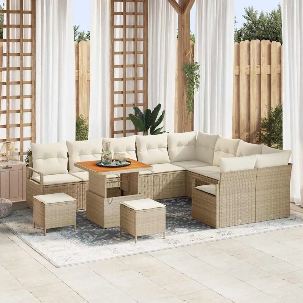 Conjunto de Sofás de Jardim vidaXL com 12 Peças e Almofadas Bege Rattan Poliéster Acácia