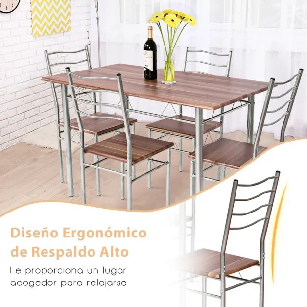 Conjunto de móveis de cozinha de 5 peças, mesa retangular, estrutura de aço, 4 cadeiras, almofadas com encosto alto para sala de jantar, cor de noguei