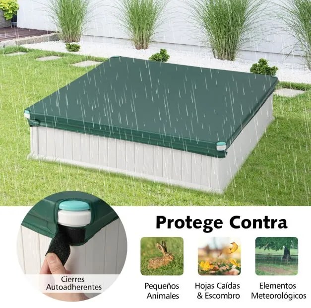 Caixa de areia com cobertura impermeável em HDPE com 4 assentos nos cantos, revestimento inferior e cobertura protetora, branca