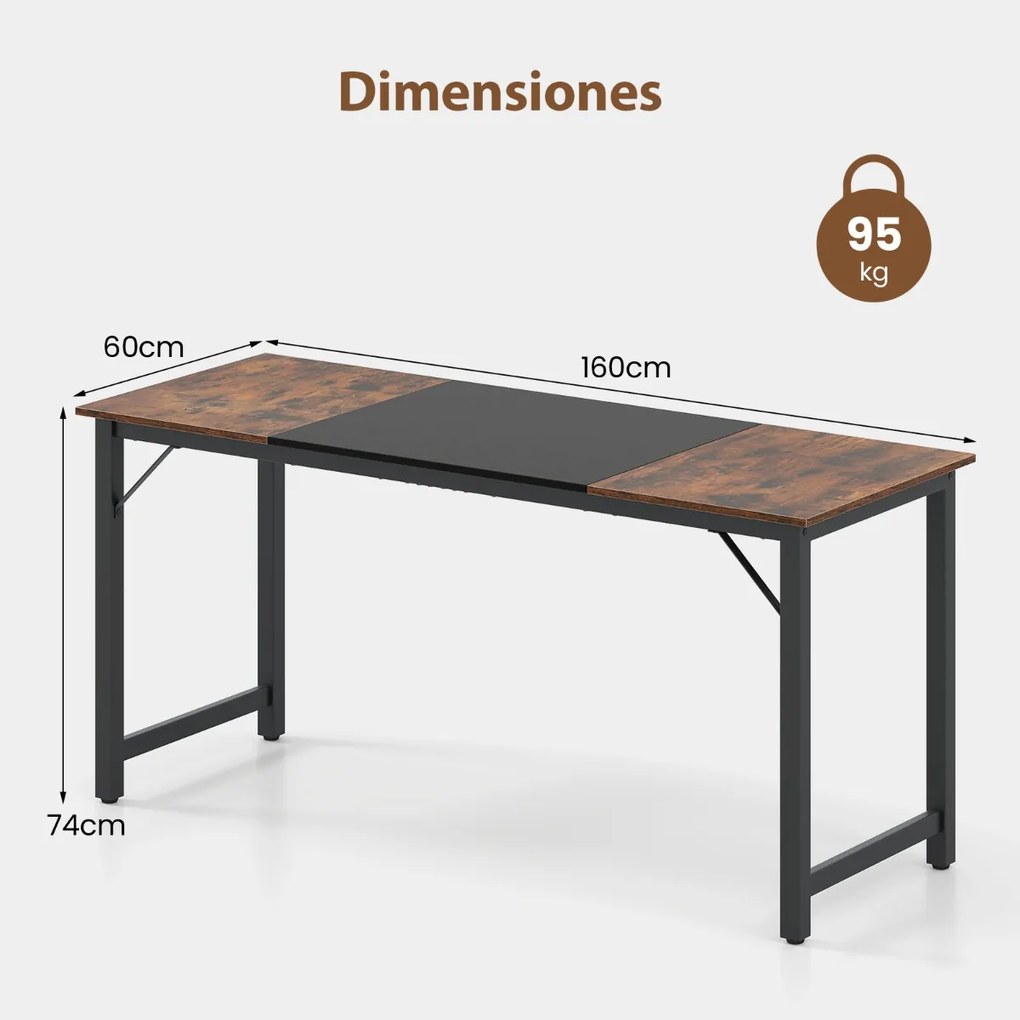 Mesa de escritório 160 x 60 cm Estrutura metálica para conferências, escritório, Castanho e preto