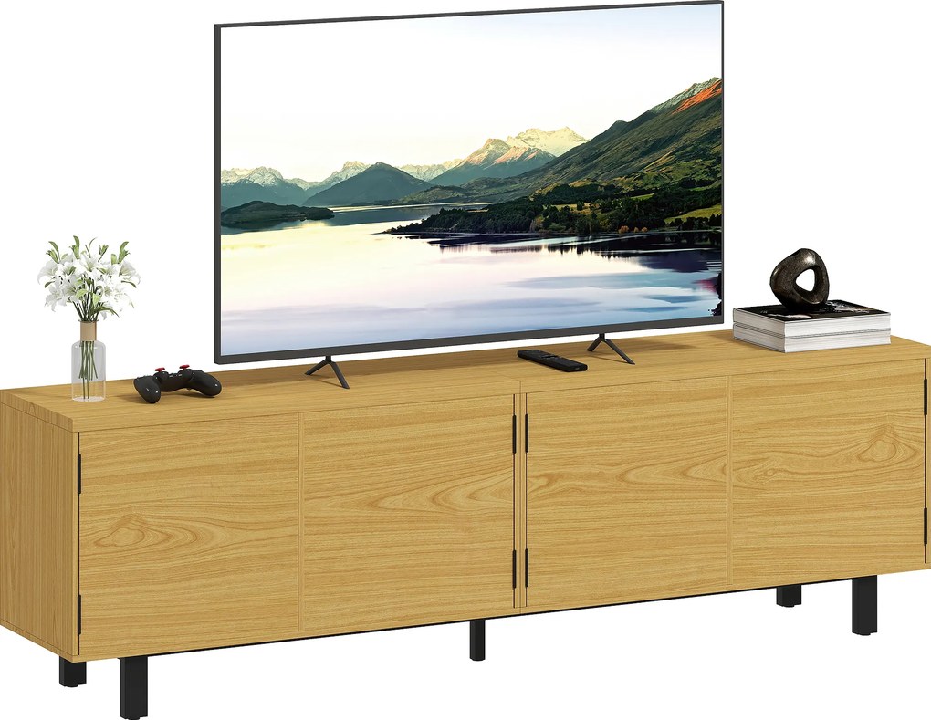 Móvel para televisão de 180 cm, móvel para televisão de 82 polegadas com 4 portas de abertura por pressão, 180 x 35 x 55,5 cm, madeira natural