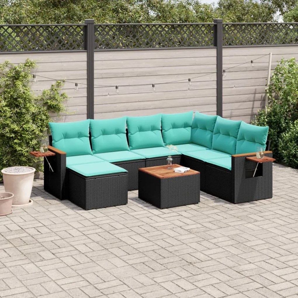 8 pcs conjunto de sofás p/ jardim c/ almofadões vime PE preto