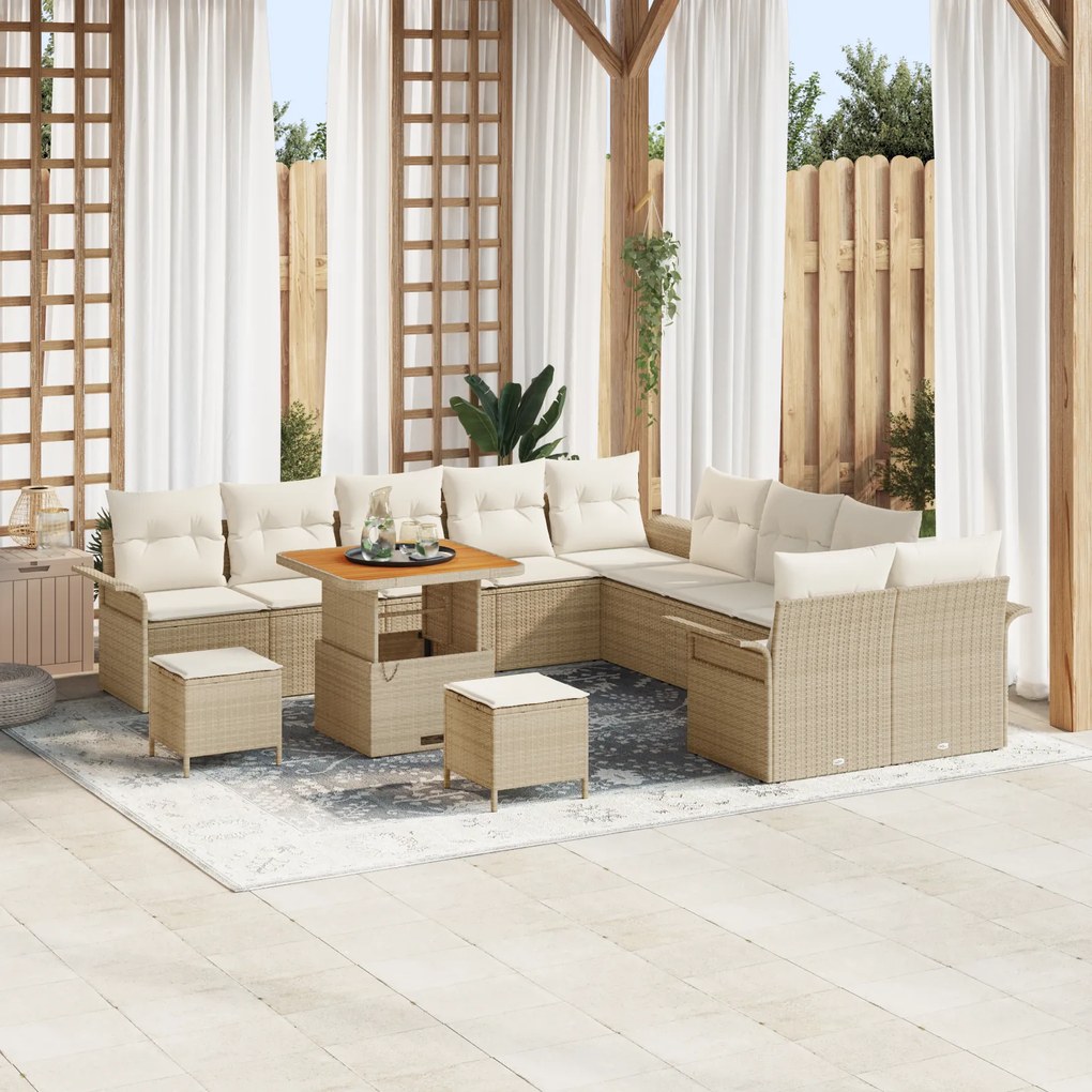 Conjunto de Sofás de Jardim com 13 Peças com Almofadas Bege Rattan Pol
