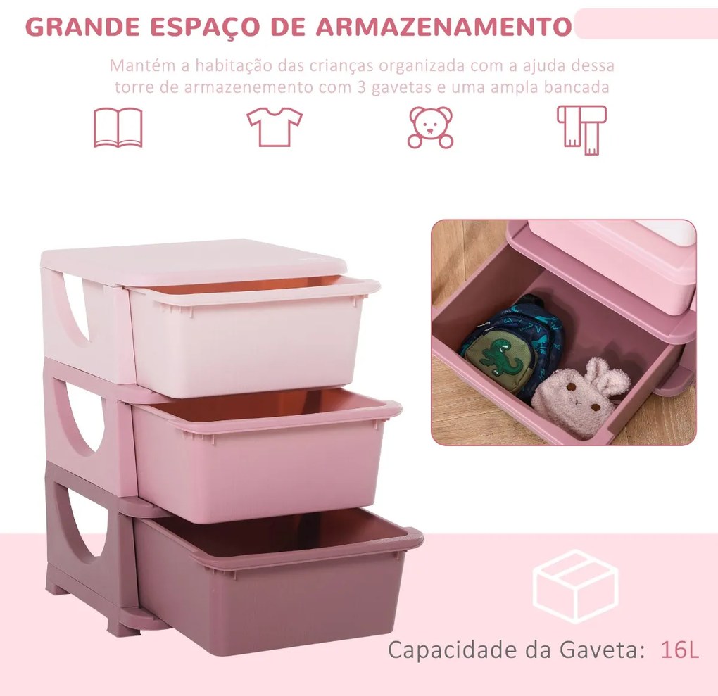 organizador de brinquedos Infantil para crianças acima de 3 anos com 3 Gavetas e Alças amplo espaço de armazenamento para Brinquedos Roupas Livros 37x