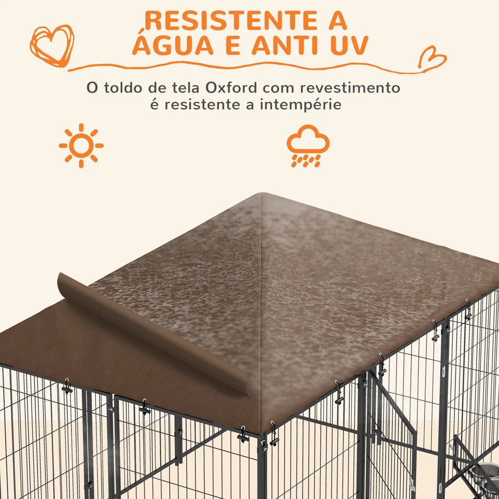 Canil para Cães com Toldo com Suporte Giratório para Comida 2 Tigelas Incluídas 211x141x151 cm Preto e Castanho