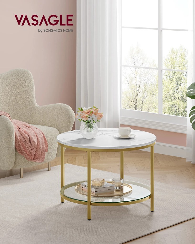 Mesa de centro com 2 níveis e tampo em vidro 65 x 46 cm (Ø x A) branco mármore e dourado claro