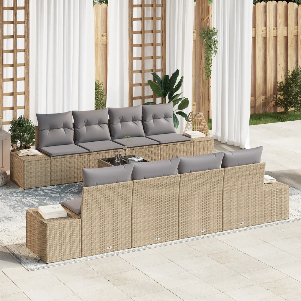 vidaXL Conjunto de Sofá de Jardim 9 Peças com Almofadas Bege Polirattan