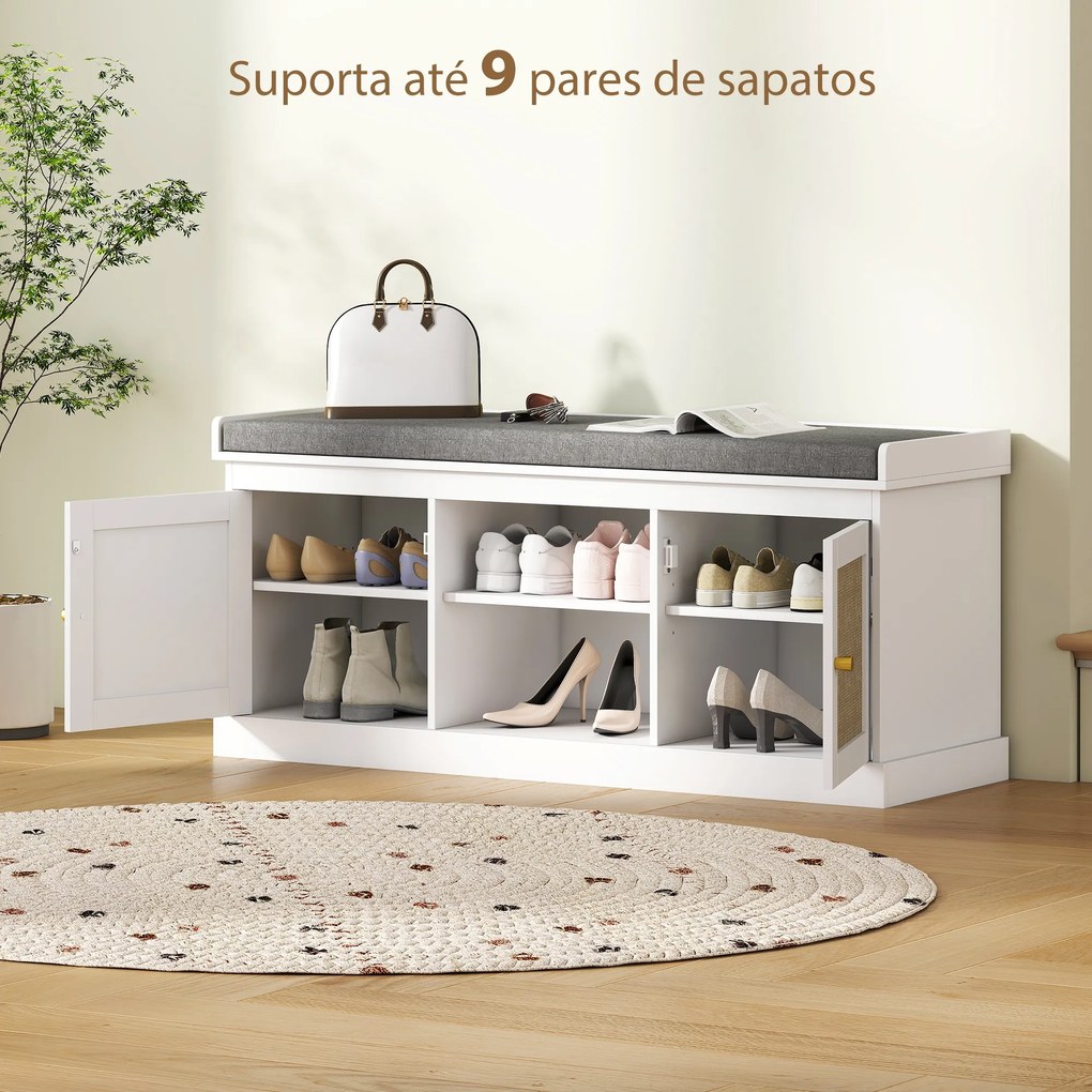 Banco Sapateira com Assento Acolchoado Portas em Vime e Prateleira Aberta para 9 Pares de Sapatos 105x35x47 cm Branco