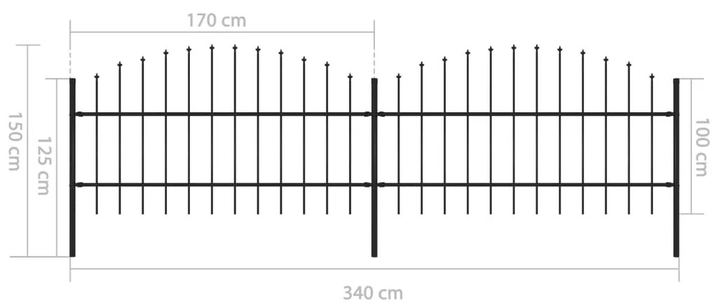 Cerca de jardim com topo em lanças (0,75-1)x3,4 m aço preto