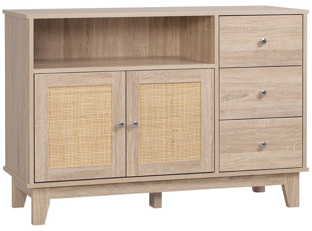 HOMCOM Aparador de Cozinha com 2 Portas de Vime 3 Gavetas e Prateleira Aberta Móvel Buffet Auxiliar para Sala de Jantar Anti-Tombo 110x40x76cm Carvalho