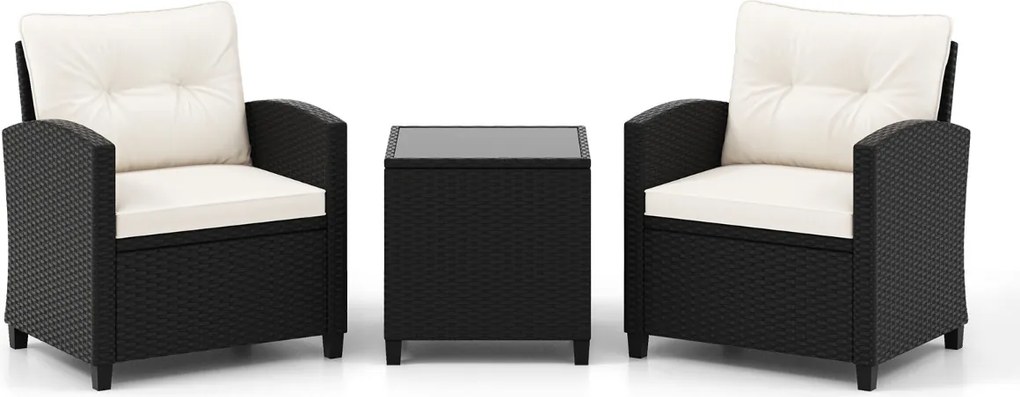 Conjunto de móveis de jardim de 3 peças de rattan com almofadas de assento e encosto e Mesa de centro de vidro temperado branco / preto