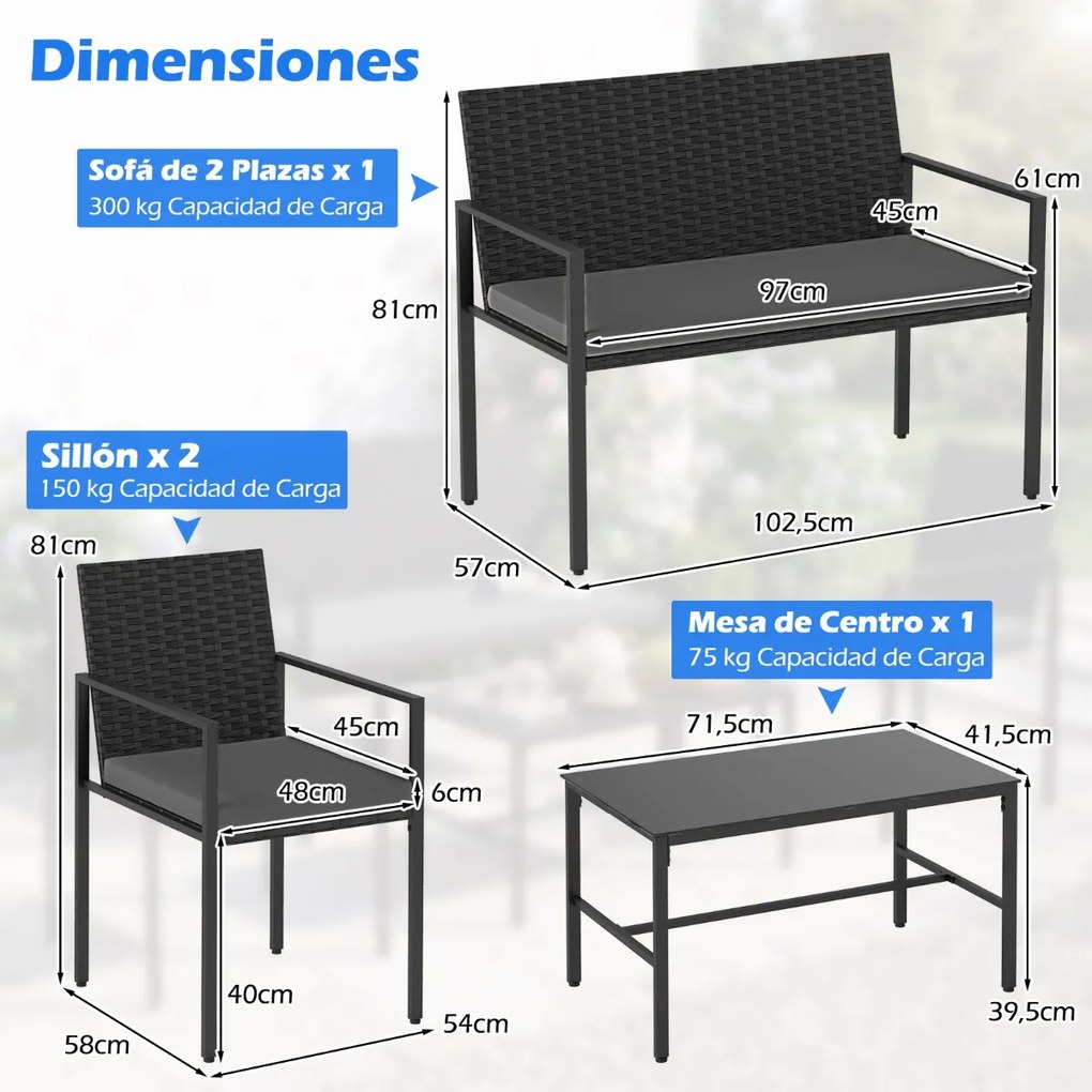Conjunto de jardim de 4 peças em rattan para exterior: cadeiras, sofá, mesa de centro em vidro temperado e almofadas macias; ideal para jardim, alpend