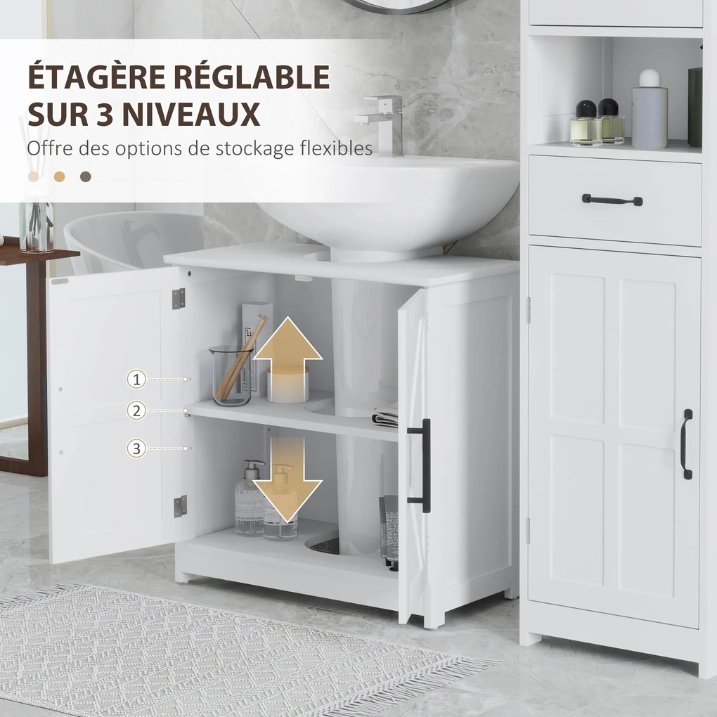 Móvel casa banho para lavatório (NÃO INCLUIDO) 60 x 30 x 60 cm, com 2 portas magnéticas em estilo rústico e prateleiras, branco