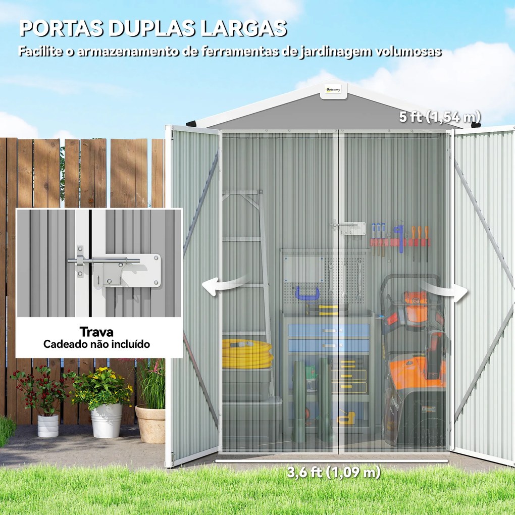 Abrigo de Jardim Exterior 1,1 m² 133x87x178 cm com 2 Portas de Correr Telhado Inclinado e Luvas Cinzento Prateado