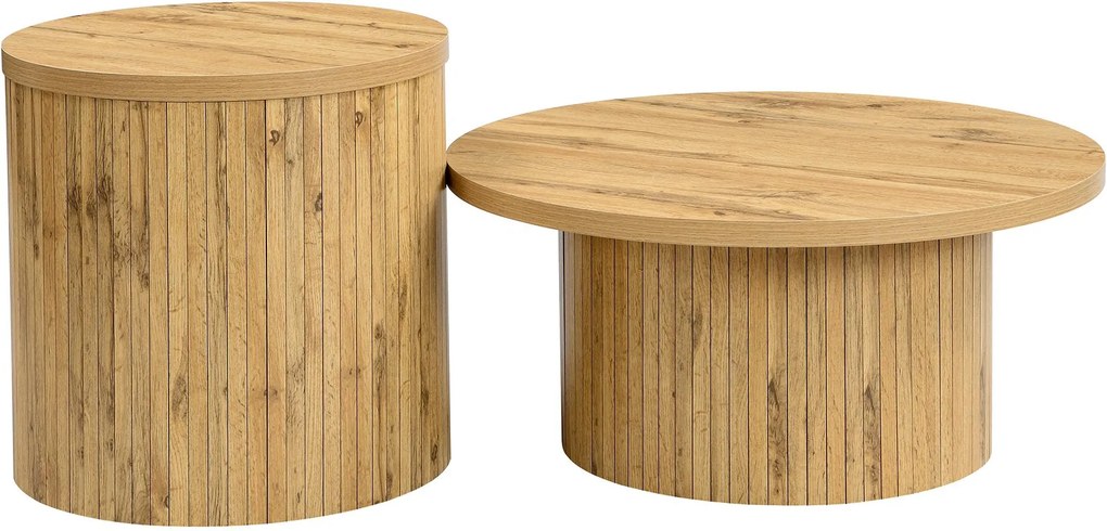 Conjunto de 2 mesas de centro redondas, com frentes de ripas de madeira natural verticais e cantos arredondados, 75x75x36 cm/50x50x50,5 cm, Cor natural