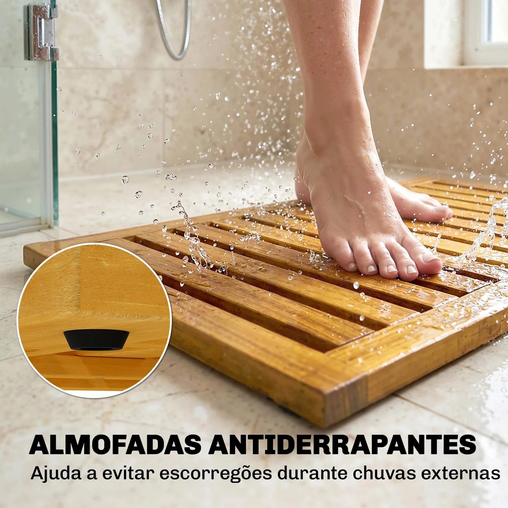 Tapete de Banho em Madeira de Acacia 91x51 cm Tapete de Duche  Antideslizante com Ripas para Drenagem Madeira