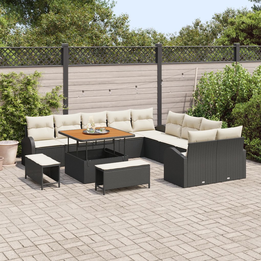 Conjunto de Sofá de Jardim vidaXL com Almofadas Pretas Rattan Poliprop