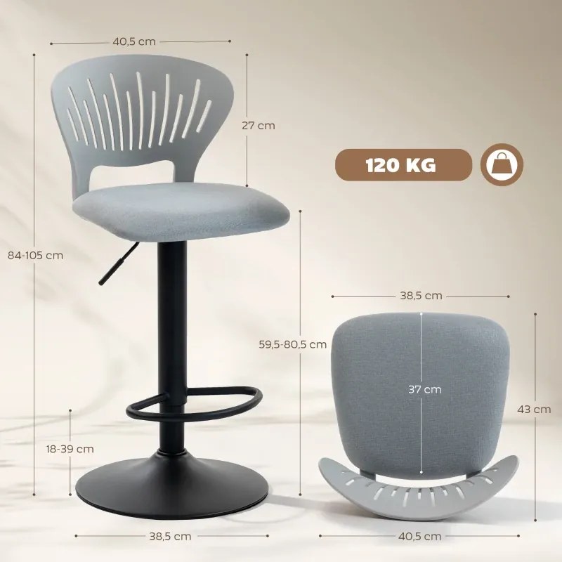 Conjunto de 2 Bancos Altos de Cozinha Giratórios a 360° Reguláveis em Altura de 84-105 cm 40,5x43x84-105 cm Cinzento