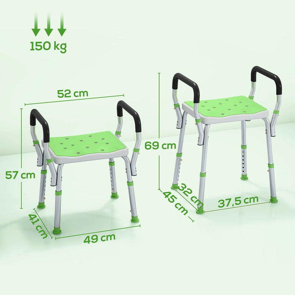 Banco de duche para idosos e pessoas com deficiência, com braços de apoio, altura ajustável, pés antiderrapantes, verde