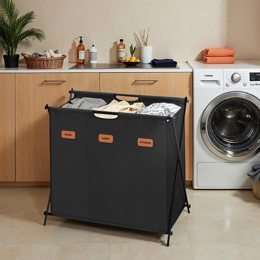 Cesto de roupa suja 135 litros e com 3 compartimentos 70 x 40 x 66 cm preto