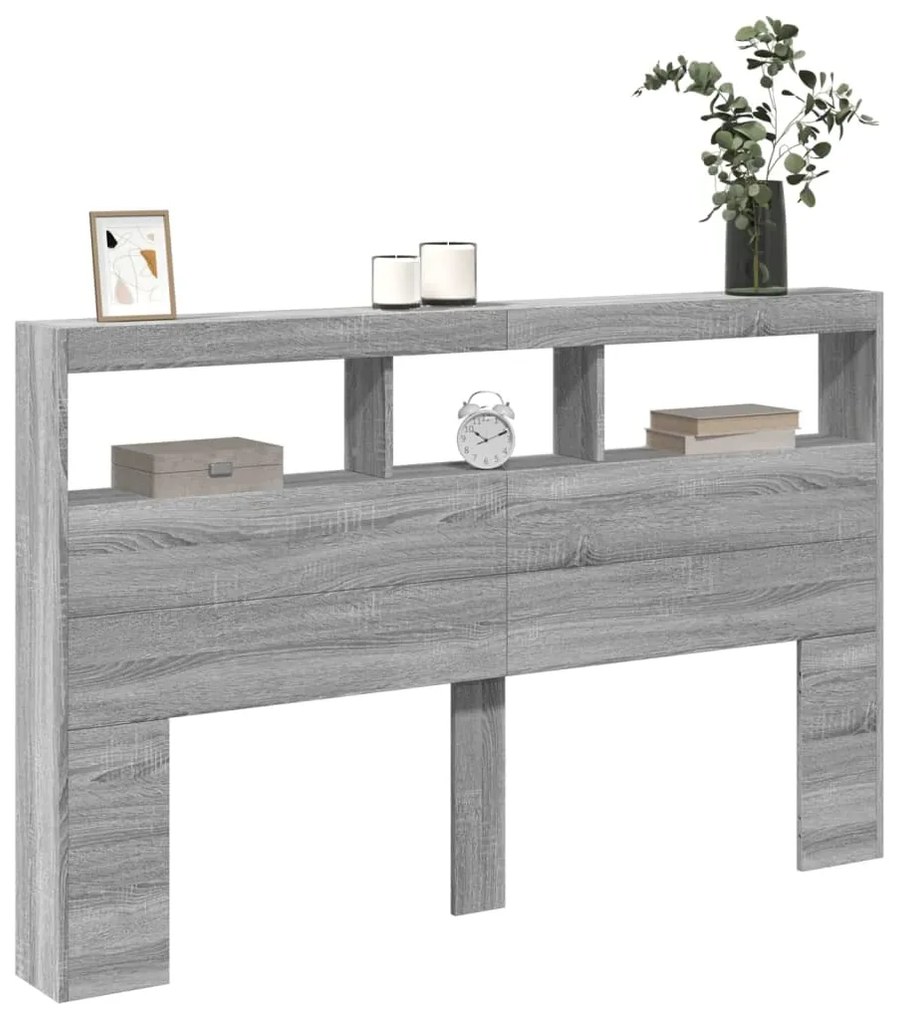Armário de cabeceira c/ luzes LED 160x17x102 cm cinzento sonoma