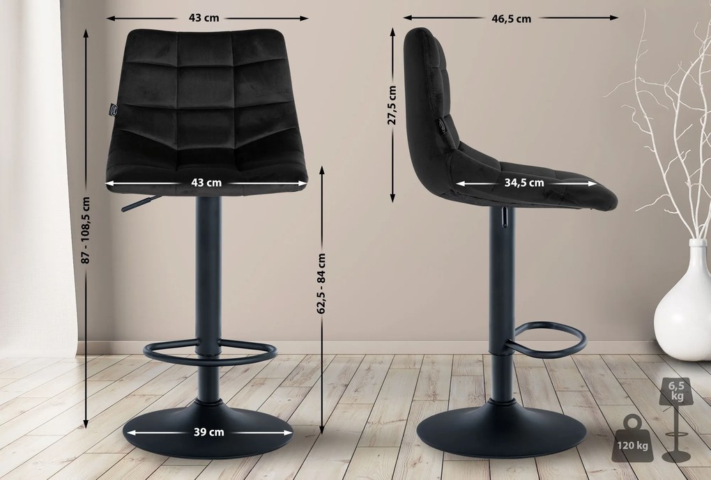 Banco de bar Jerry em veludo com estrutura preta 87-108,5 x 43 x 46,5 cm Preto