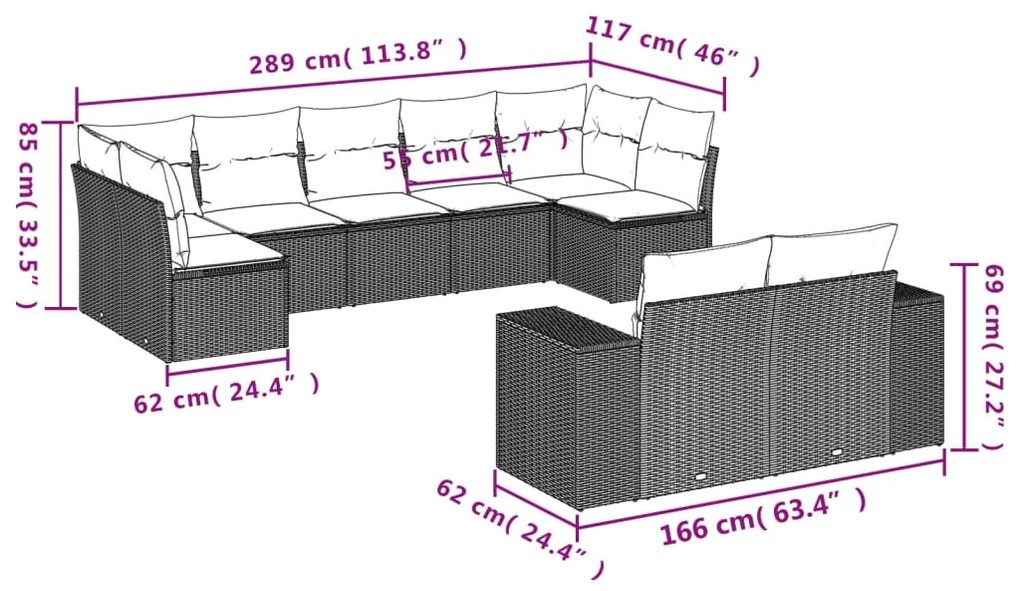 9 pcs conjunto de sofás p/ jardim com almofadões vime PE bege