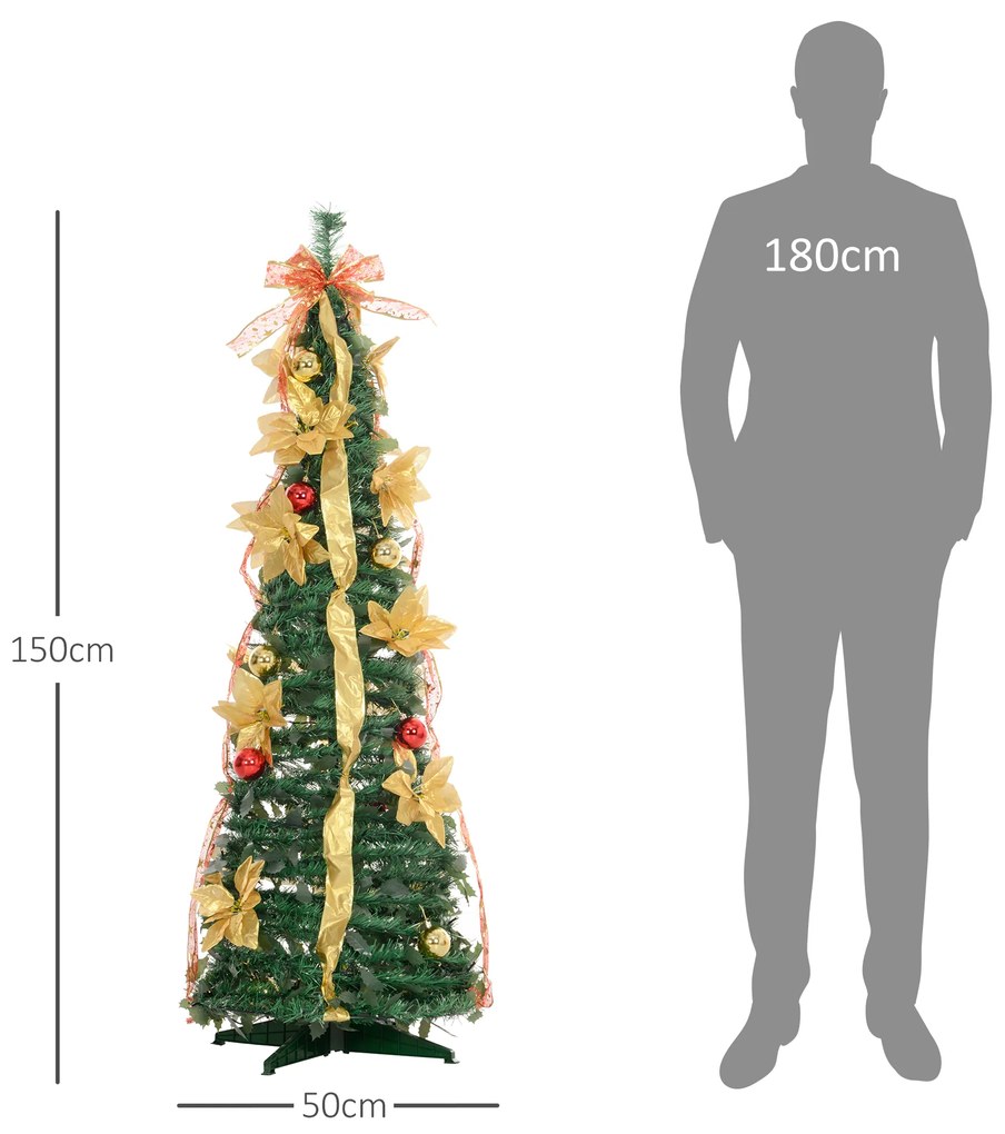 Árvore de Natal Dobrável 150 cm Árvore de Natal Artificial com Luzes LED e Decorações Pré-Instaladas Ø50x150 cm Verde