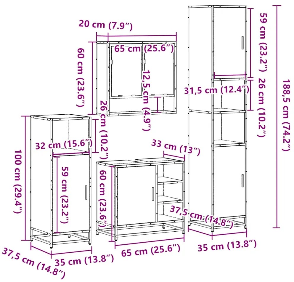 4 pcs Conjunto móveis casa de banho madeira proc. cinza sonoma